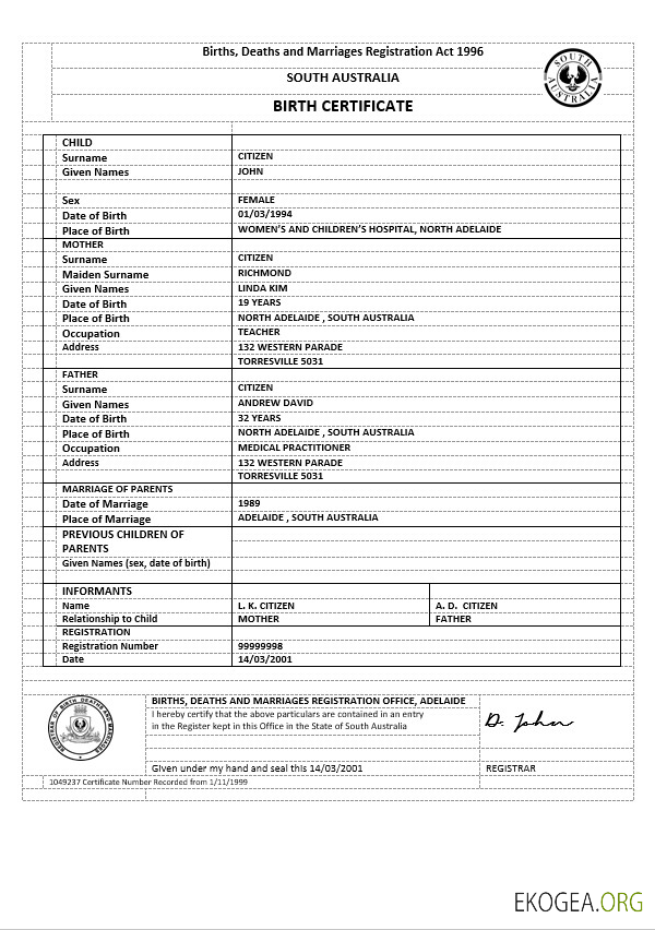 Australie Acte de naissance Australie Méridionale version 2